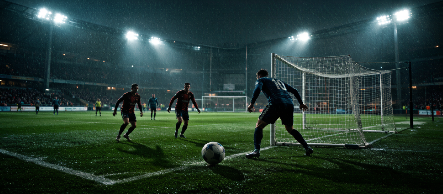 Football match with abstract goal count visualization, no text or numbers